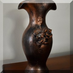 D70. Pottery copper colored vase with rose 8”h - $